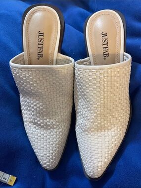 JustFab Cream Woven Pointed Mule Slides